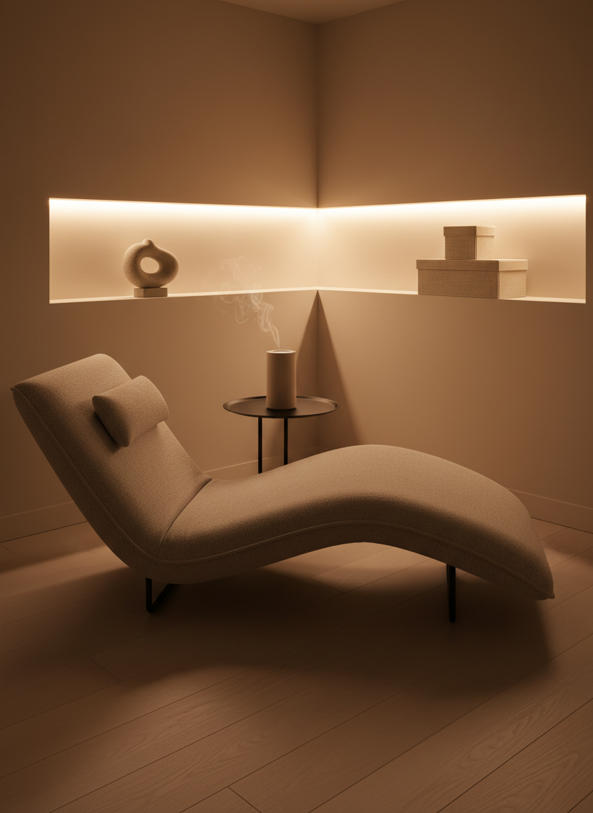 A stylish, fully private relaxation corner within a self-beauty salon, featuring a low, modern chaise in soft greige fabric with subtle weave texture, positioned on a pale wood floor with a satin finish. A small round side table in matte black metal holds a single sand-colored ceramic diffuser, emitting a faint wisp of vapor. Along the wall, a built-in niche with warm indirect lighting showcases minimalist decor: a single stone sculpture and two neatly stacked linen-textured storage boxes. The room is lit by gentle, warm-toned concealed LEDs, with no visible light fixtures, creating a cocoon-like ambiance and soft, enveloping shadows. Captured in photographic realism from a diagonal, mid-height angle using rule-of-thirds composition, the mood is serene, intimate, and discreet—an urban hideaway where guests can unwind unseen.