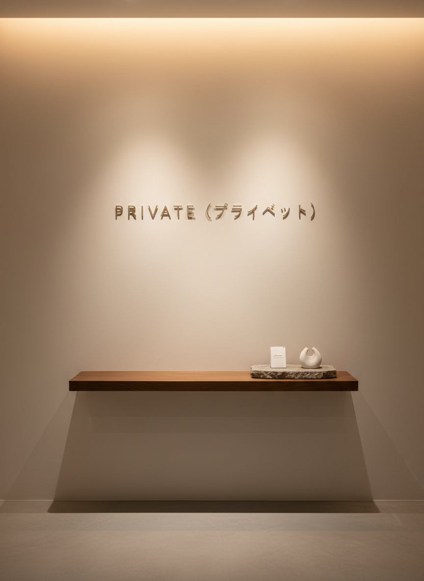 An elegant entrance area for an unmanned, private beauty salon named “PRIVATE（プライベート）”, showcasing a seamless matte plaster wall in warm off-white with the salon’s name rendered in thin, metallic champagne-gold lettering, subtly raised and perfectly spaced. Below, a narrow console shelf in dark stained oak floats against the wall, holding a single minimal stone tray with a room keycard and a small, sculptural white ceramic object. The floor is light gray polished concrete with a soft sheen, reflecting hints of warm light from a hidden ceiling cove. Photographic realism, shot from a straight-on eye-level perspective with sharp focus throughout. The lighting is calm and diffused, creating gentle, elongated shadows that emphasize texture. The atmosphere is sophisticated, discrete, and exclusive, conveying the sense of a hidden, members-only retreat.