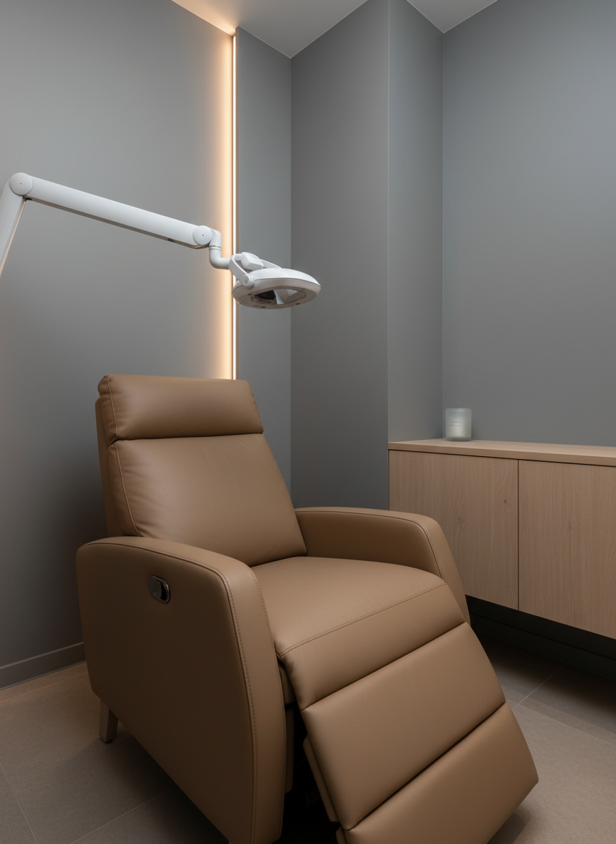 A luxurious, compact private room dedicated to self-whitening, featuring a plush reclining chair in warm taupe vegan leather facing a sleek articulated whitening lamp with a glossy white finish and slender metallic arm, poised above an invisible subject. The backdrop is a seamless wall panel in soft dove gray, interrupted only by a thin vertical strip of indirect LED light that washes the surface with a gentle glow. A narrow floating cabinet in pale wood hugs one side, its handleless fronts perfectly smooth, topped with a single frosted glass container. Photographic realism, shot from a slightly low, wide-angle perspective to highlight both ceiling height and cozy enclosure. The atmosphere is hushed, sophisticated, and intensely private, evoking a hidden sanctuary where time seems to slow down.