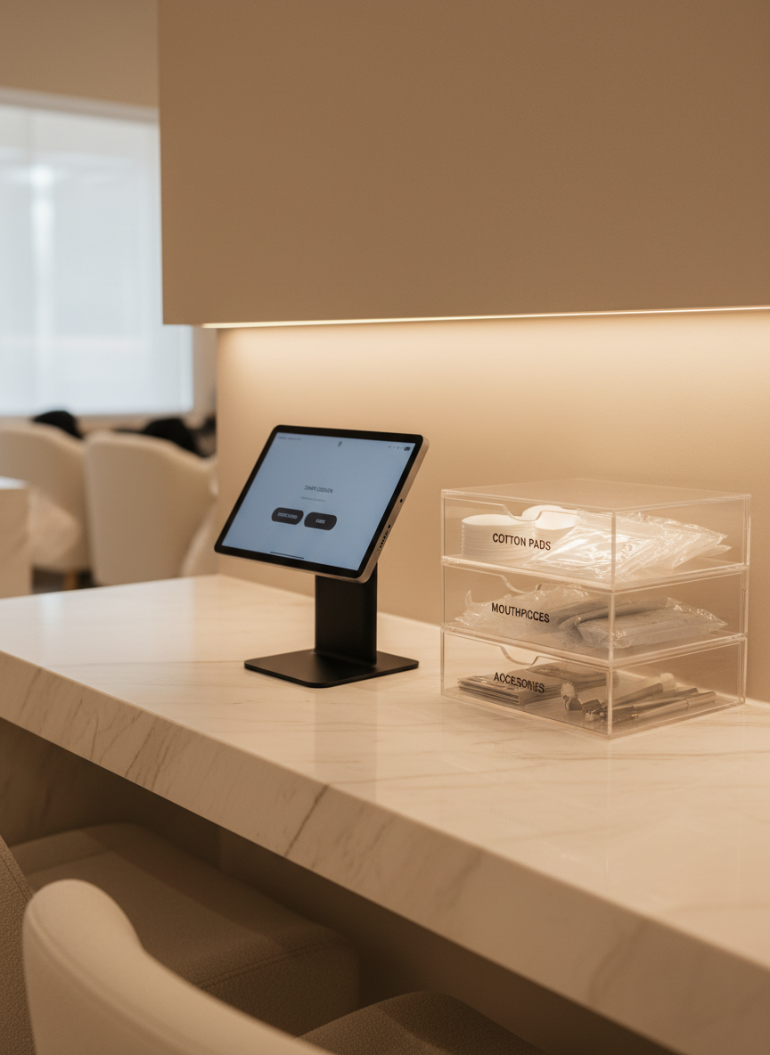 A meticulously organized self-service counter in a private whitening and relaxation salon, displaying a slim touchscreen tablet mounted on a matte black stand atop a pale stone countertop with fine, natural veining. Next to it, clear acrylic drawers reveal neatly arranged cotton pads, mouthpieces, and compact accessories, each labeled in understated sans-serif typography. A soft-beige wall panel behind the counter features a single recessed light slot, casting a smooth vertical glow that accentuates the clean lines. Photographic realism, captured from a three-quarter angle at counter height with moderate depth of field, keeping the interface and tools in crisp focus while the far background fades softly. The lighting is warm yet neutral, evoking reliability, hygiene, and calm autonomy in this unmanned, user-guided beauty space.