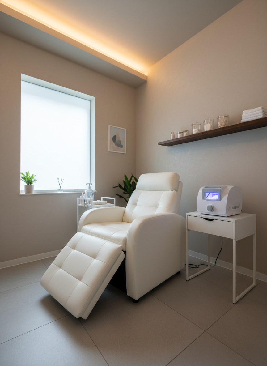 A refined, modern private beauty salon room designed for self-whitening and relaxation, featuring a sleek white reclining chair with soft leather texture beside a compact, glossy white whitening machine on a minimalist side table. The walls are matte light beige with a subtle texture, accented by a single dark wood shelf holding neatly arranged glass containers and folded white towels. Soft indirect warm LED lighting is concealed in ceiling coves, complemented by faint natural light from a frosted window, creating gentle highlights and almost no harsh shadows. Photographic realism, shot at eye level with a slightly wide angle, emphasizing the spaciousness and complete privacy of the room. The mood is calm, sophisticated, and quietly luxurious, with a clean, uncluttered composition and shallow depth of field that softly blurs the background details.