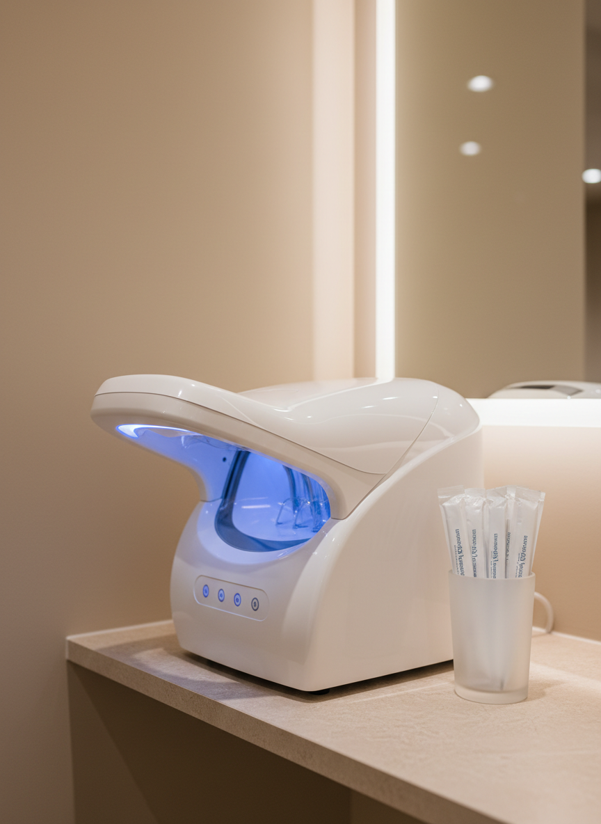 A close-up, photographic view of a pristine self-whitening station in a private salon, centered on a high-gloss white whitening device with sleek, rounded contours and a discreet control panel glowing with soft blue indicator lights. It rests on a narrow, matte sand-colored counter with subtle stone texture. Nearby, an elegant frosted glass cup holds individually packaged whitening tools, all neatly aligned. Behind, a smooth beige wall and a minimal frameless mirror reflect diffused, warm light from concealed ceiling LEDs. Shot from a slightly elevated angle with shallow depth of field, the foreground details are razor-sharp while the background melts into gentle bokeh. The overall aesthetic is ultra-clean, hygienic, and sophisticated, evoking a sense of quiet confidence and ease in this unmanned, self-service environment.
